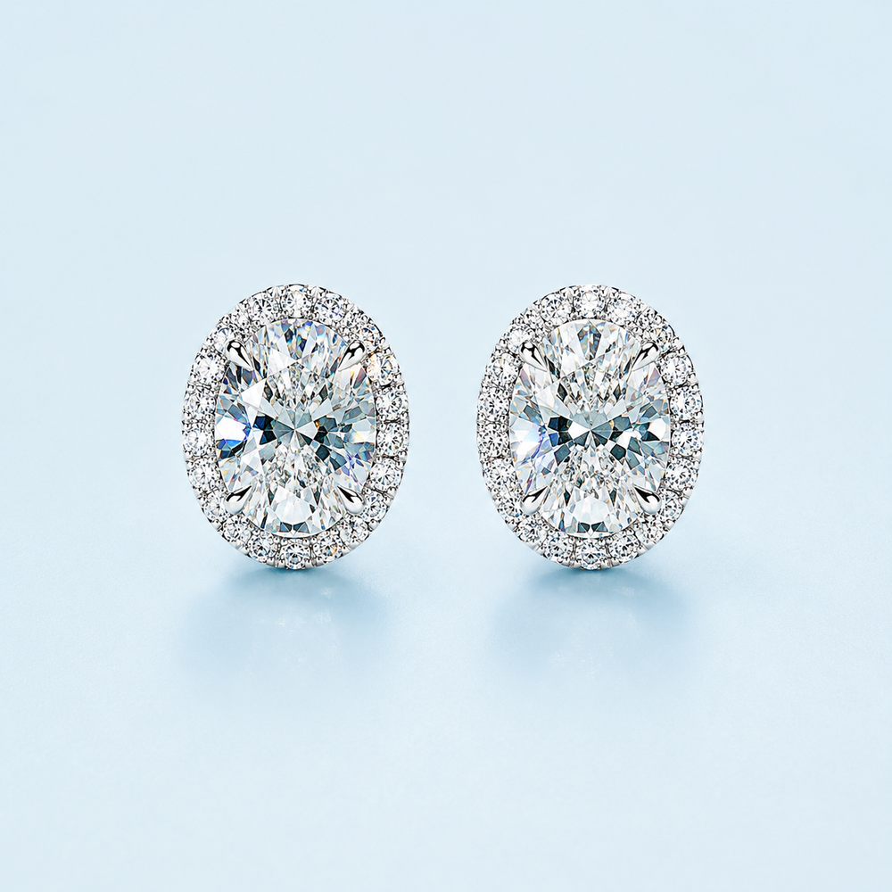 Marchetti Oval Halo Moissanite Stud Earrings